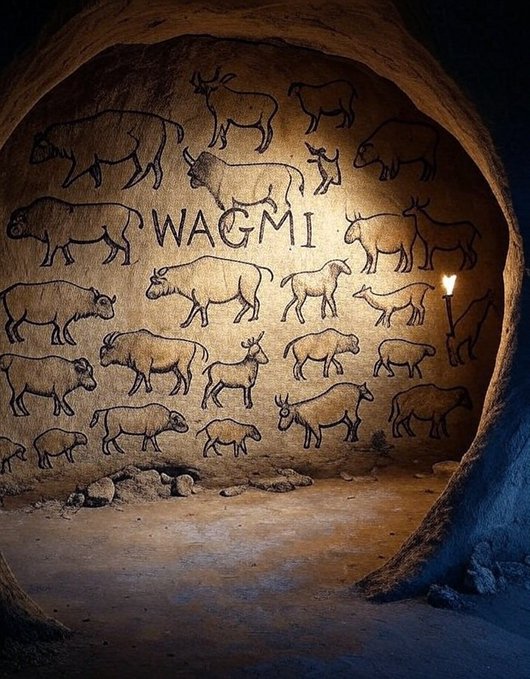The image features a cave with a mural of various animals, including bison and deer, painted on its walls. The mural is located at the center of the cave, surrounded by a hole that leads to another part of the cave. The painting depicts these animals in different poses, creating an artistic representation of their natural habitat within the cave. The post accompanying this image reads: "Risen from beneath the trenches Were a gem was found in a secret chamber. #WAGMI GnM6XZ7DN9KSPW2ZVMNqCggsxjnxHMGb2t4kiWrUpump Wearewagmi com #solana".