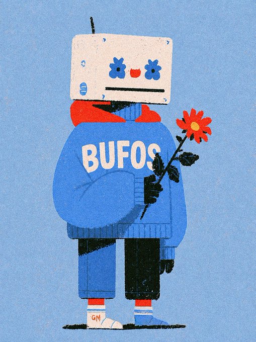 A cute robot character with a boxy head and flower eyes wears a blue sweater labeled "BUFOS," holding a red flower against a light blue background. The illustration matches the whimsical post introducing "BUFOS Island," with the character's initials "GM" on the sneaker reinforcing the greeting mentioned in the caption.