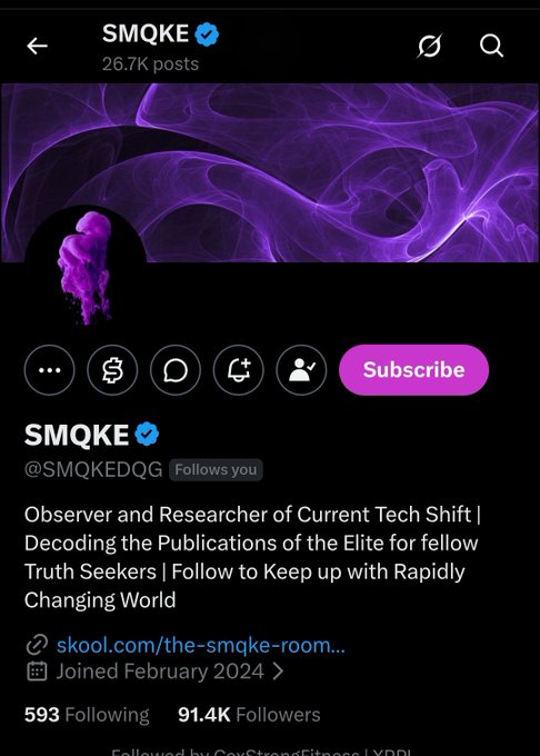 A X (Twitter) profile page for the verified account "SMQKE" (@SMQKEDQG) is displayed, featuring a purple smoke-themed banner and profile picture, with a bio stating "Observer and Researcher of Current Tech Shift | Decoding the Publications of the Elite for fellow Truth Seekers," 26.7K posts, 91.4K followers, and a link to "skool.com/the-smqke-room…", which is being highlighted in a shoutout post praising the account as "a true legend in our XRP HODL Worldwide Community."