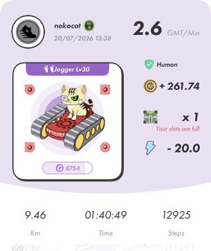 A STEPN fitness app screenshot displays a 'Jogger Lv30' NFT with a cat on a tank avatar, showing 2.6 GMT/Min and earning +261.74 GMT.