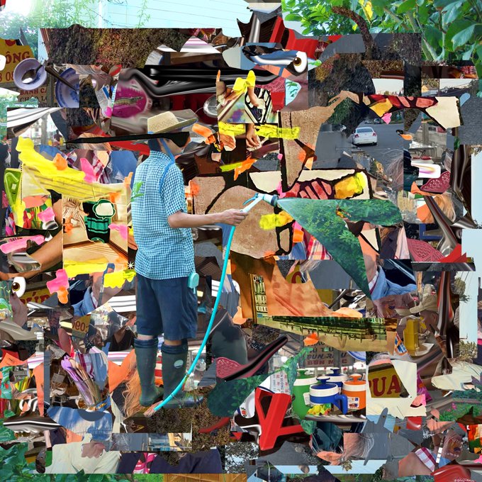 A chaotic digital collage featuring a person in a blue plaid shirt and boots holding a water hose, surrounded by fragmented images of motorcycles, street scenes, and various objects.