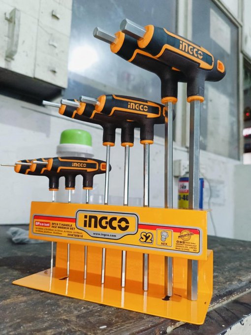 An INGCO 8-piece S2 hex T-handle hex wrench set in orange and black, displayed on an orange stand.