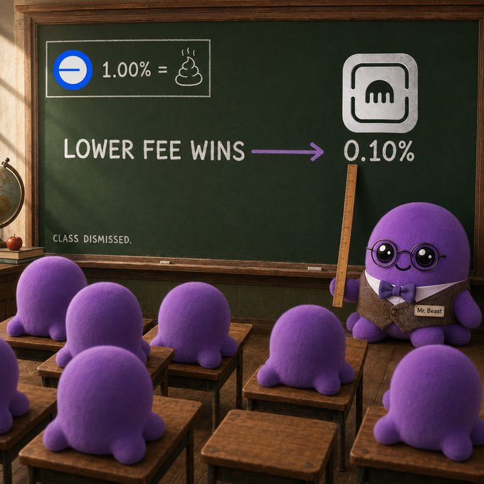 A purple octopus teacher ("Mr. Beast") stands at a chalkboard holding a ruler in front of student octopi, displaying "LOWER FEE WINS → 0.10%" alongside a "1.00% = 💩" equation and the text "CLASS DISMISSED." The image visually reinforces the post's message about choosing a 0.10% fee over a 1% fee.