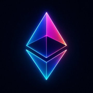 A glowing neon Ethereum logo in blue and pink/purple on a black background.