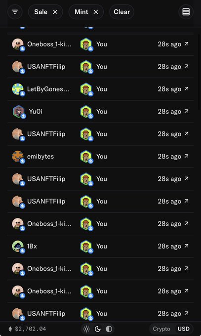 A mobile screenshot of an NFT marketplace transaction history showing multiple purchases from sellers like 'Oneboss_1-ki...', 'USANFTFilip', and 'LetByGones...' all marked as 'You' purchases 28 seconds ago, with an Ethereum price of $2,702.04 displayed.