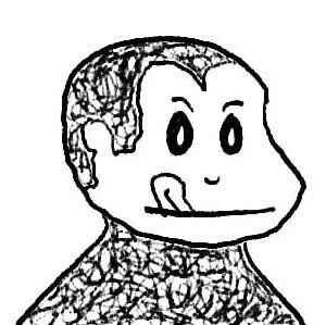 A simple black-and-white line drawing of a monkey-like figure with large eyes, rendered with a crackled or scribbled texture.