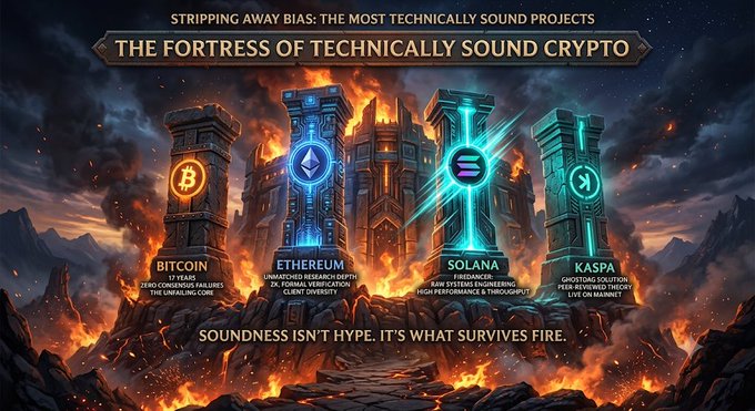 Epic fantasy-style banner titled 'The Fortress of Technically Sound Crypto' featuring four glowing towers representing Bitcoin, Ethereum, Solana, and Kaspa, with the tagline 'Soundness isn't hype. It's what survives fire.'