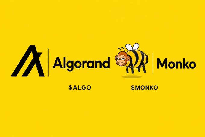 A yellow graphic displaying the logos for Algorand ($ALGO) and Monko ($MONKO), with the latter featuring a cartoon monkey dressed as a bee.