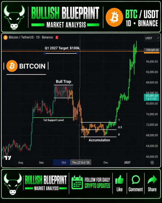 A "Bullish Blueprint" market analysis chart for BTC/USDT on Binance displays Bitcoin's daily price action, marking a bull trap near $88K, an accumulation zone around $72K with a 0-1 Fibonacci retracement, and projecting a Q1 2027 target of $100K—aligning with the post's message about potential accumulation leading to a $100K milestone if bullish momentum persists.