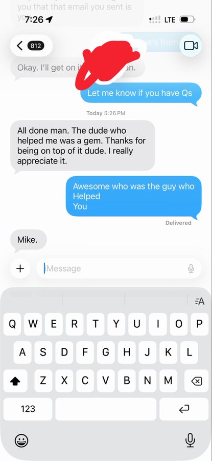 A screenshot of a text message conversation where a user thanks someone named "Mike" for helping them get something done, repeatedly calling him a "gem" and saying "I really appreciate it." The caption aligns with the post by crediting Mike (@MikeSutherlin5) for his assistance, matching the appreciation expressed in the text exchange.