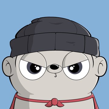 A cartoon panda character wearing a black beanie and a red neckerchief glares angrily against a light blue background.