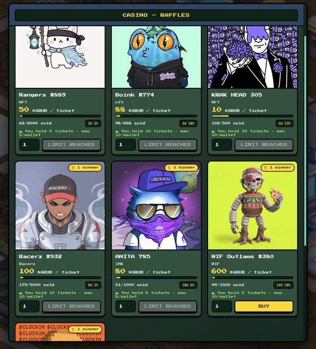 A 'CASINO — RAFFLES' page displays various NFT characters like Rangers #889, Boink #774, and Krak Head with ticket prices in $GRUB, showing several items as 'LIMIT REACHED'.