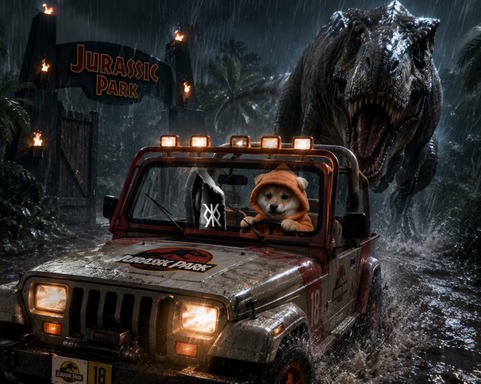 A cinematic digital artwork depicting a Shiba Inu dog wearing a hoodie driving a Jurassic Park jeep with a T-Rex roaring in the background during a rainstorm.