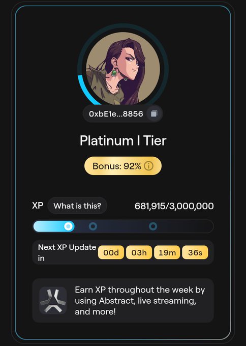 A digital profile screen shows a Platinum I Tier status with a 92% bonus, displaying an XP progress of 681,915/3,000,000 and a countdown timer reading 00d 03h 19m 36s.