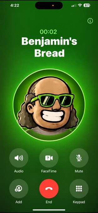 A screenshot of an active iPhone call with "Benjamin's Bread" lasting 00:02, featuring a Memoji avatar with sunglasses and green headphones, with Audio, FaceTime, Mute, Add, End, and Keypad call options visible. The image humorously visualizes the post's call-to-action inviting readers to "take the call" about alpha insights on the RWA meta.