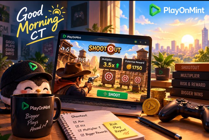 An advertisement for 'PlayOnMint' shows a laptop displaying a 'SHOOT OUT' game with a 3.5x multiplier and 1750 potential reward, surrounded by a plush toy, mug, game controller, and a checklist.
