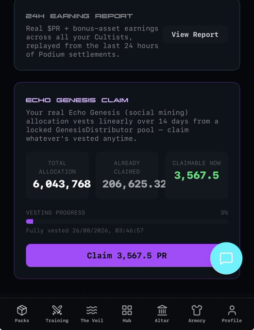 A dark-themed dashboard displays a "24H Earning Report" showing real $PR + bonus-asset earnings from Cultist replays, alongside an "Echo Genesis Claim" interface featuring a total allocation of 6,043,768, with 206,625.32 already claimed and 3,567.5 PR available to claim now at 3% vesting progress. The 3,567.5 PR claim amount visible in the interface directly visualizes the $160 worth of $PR tokens referenced in the post about earning rewards from the @agoatcult platform.