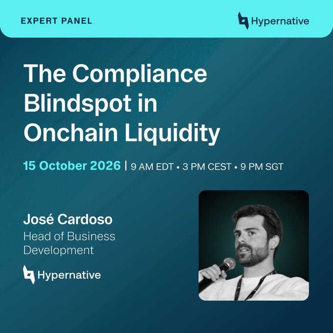 Promotional graphic for an expert panel titled 'The Compliance Blindspot in Onchain Liquidity' featuring José Cardoso, Head of Business Development at Hypernative, scheduled for 15 October 2026.