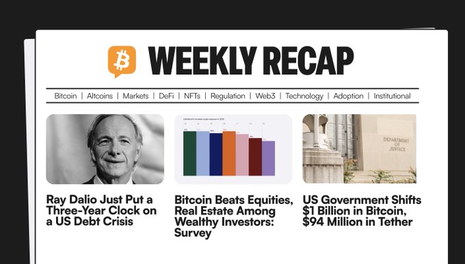 A "Weekly Recap" newsletter header featuring a Bitcoin logo and navigation tabs for topics like Bitcoin, Altcoins, DeFi, and Regulation, with three featured stories: Ray Dalio warning of a U.S. debt crisis, a survey showing Bitcoin beating real estate among investors, and the U.S. government shifting $1 billion in Bitcoin and $94 million in Tether—visually summarizing the week's top crypto headlines highlighted in the post.