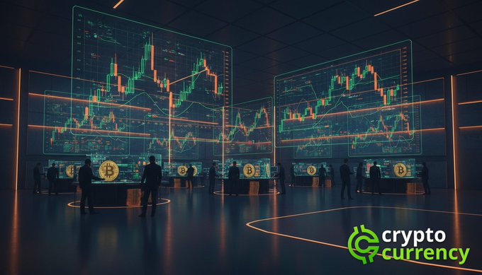 A futuristic digital trading environment featuring large screens displaying cryptocurrency candlestick charts and Bitcoin logos, with a 'cryptocurrency' logo in the corner.