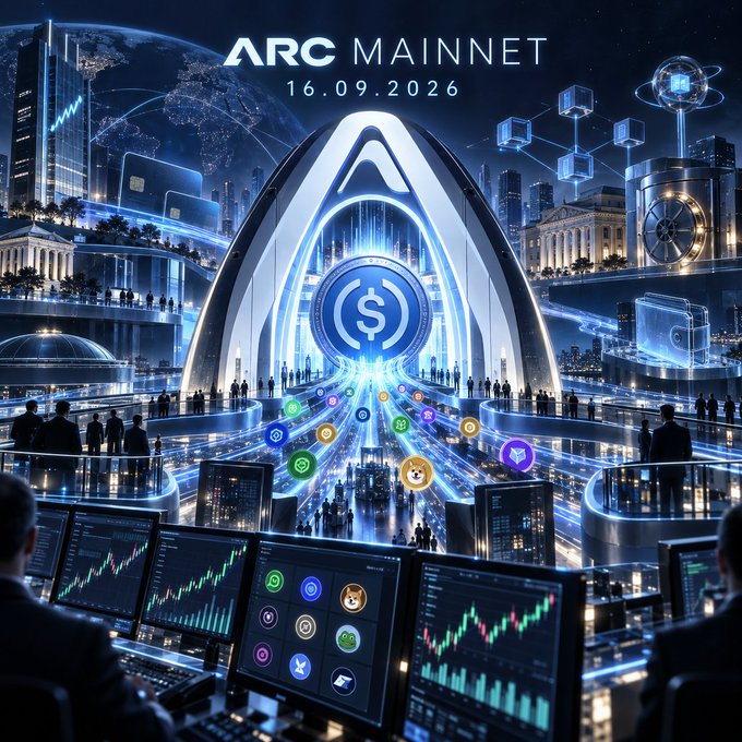 The image is a futuristic promotional graphic for "ARC MAINNET 16.09.2026," featuring a glowing archway with a dollar sign emblem, surrounded by a high-tech financial hub with trading screens displaying market charts and various cryptocurrency icons, symbolizing Arc's upcoming Layer 1 blockchain launch with USDC as gas and major institutional backing from BlackRock, Visa, and others.