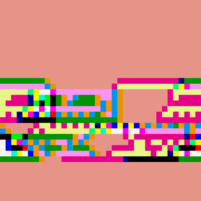 An abstract pixelated image featuring a colorful blocky pattern across the middle against a solid salmon-pink background.