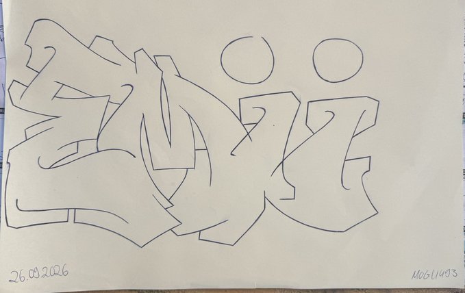 A hand-drawn graffiti-style sketch of stylized lettering in dark blue pen on cream paper, dated 26.09.2026 and signed "MOSUO3" in the corner.