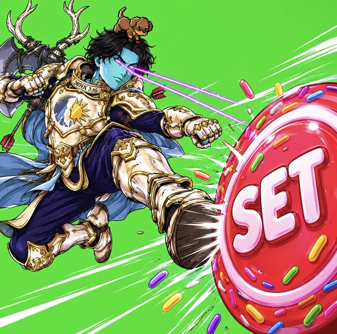 An anime/manga-style illustration of an armored warrior with antlers kicking a red circular object labeled 'SET' on a bright green backdrop.