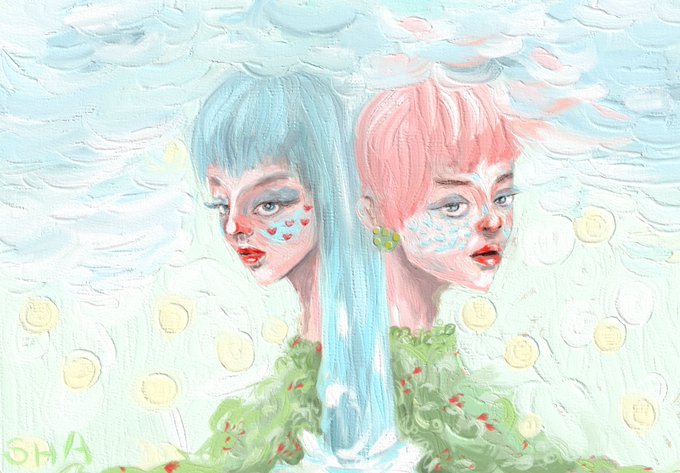 Two pastel-painted girls—one with blue hair and the other with pink—stand side by side in a dreamy cloud-filled sky, with the artist's signature "SHA" visible in the bottom left corner of this "Pastel Spring" artwork.