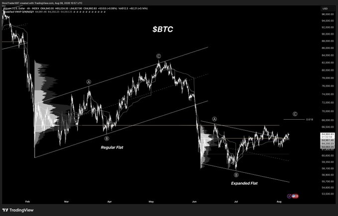 A TradingView chart showing the price movement of '$BTC' with technical analysis patterns labeled 'Regular Flat' and 'Expanded Flat' across the months of February through August.