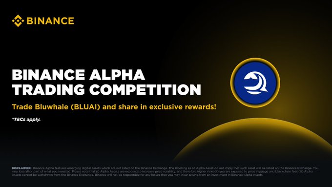 The image is a Binance Alpha Trading Competition banner promoting trading of Bluwhale (BLUAI) token, featuring the Binance logo and the Bluwhale whale emblem on a black and yellow background. The graphic aligns with the post's announcement of the BLUAI trading competition with $300K in rewards and a 1.2x Rising Trader Boost for qualified participants.