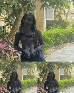 A collage showing a person wearing a tight, dark grey outfit that reveals the contours of their body, standing outdoors near greenery.