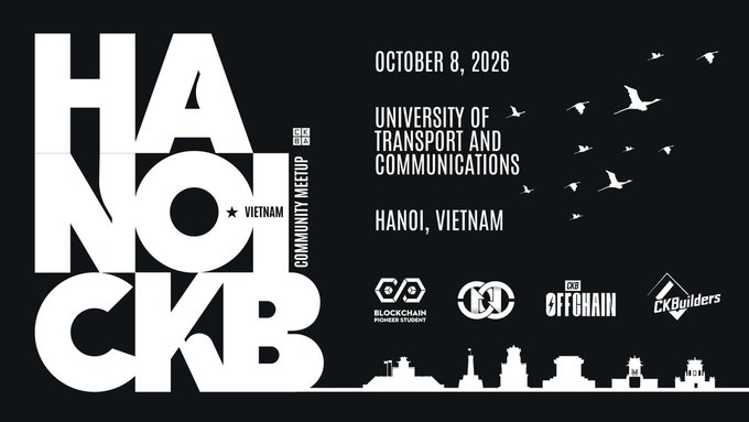 A black and white promotional poster for 'HANOI CKB' Community Meetup in Vietnam on October 8, 2026, hosted at the University of Transport and Communications in Hanoi, featuring sponsor logos including Blockchain Pioneers Student, VBC, OffChain, and CKBuilders.