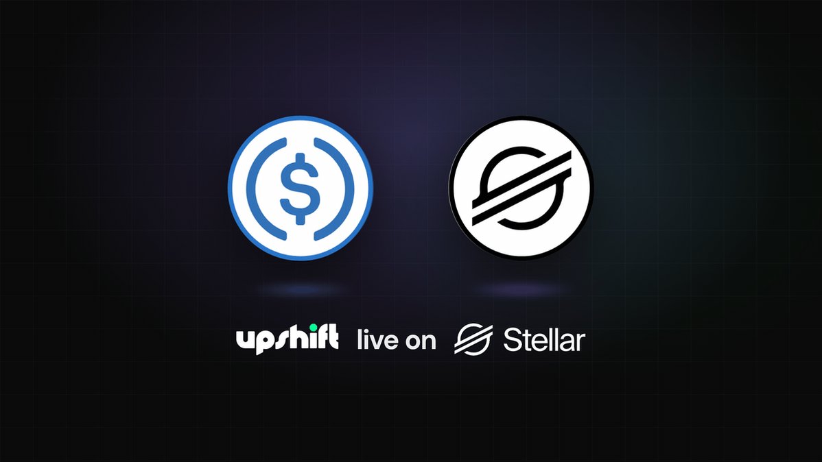 The image features a logo for Upshift Live on Stellar, which is a company that focuses on creating decentralized finance solutions. The logo includes two symbols - a dollar sign and a vertical line with a "X" through it. These symbols represent the company's name and its partnership with the Ethereum blockchain. The text in the image reads: "UpShift Live on Stellar, powered by Upshift. One of the most battle-tested chains for payments, @StellarOrg is now expanding its DeFi ecosystem with two vaults: earnUSDC and earnXLM".