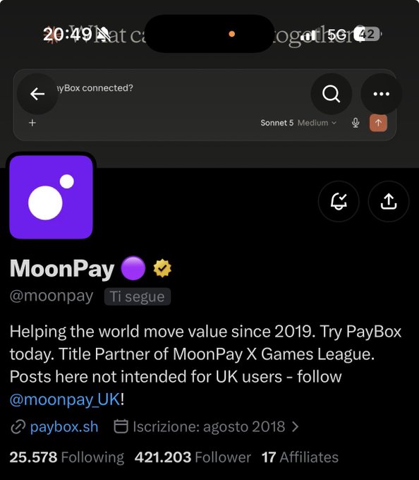 A screenshot of MoonPay's Twitter/X profile (@moonpay) showing their bio "Helping the world move value since 2019," 421,203 followers, and 25,578 following accounts. The image supports the poster's claim that despite MoonPay following them for 2+ years, they never received an airdrop from the crypto payments company.