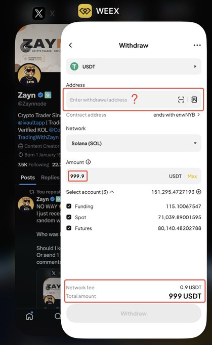 The image shows a WEEX exchange withdrawal screen for 999.9 USDT to a Solana (SOL) network address, with a total network fee of 0.9 USDT, displayed over an X post from @Zaynnode asking followers to reply with their SOL wallets for a chance to win $1,000. This visual connects the giveaway promotion to the recipient's expected action of providing a SOL-compatible wallet to receive the prize.