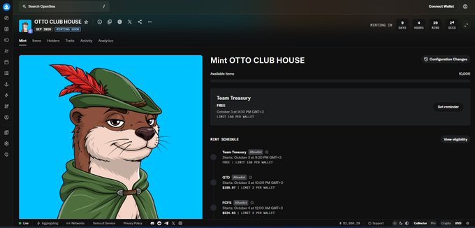 An OpenSea NFT minting page displays "OTTO CLUB HOUSE" featuring an otter character in a green Robin Hood-style hat, showing a team treasury, mint schedule, and cryptocurrency pricing.