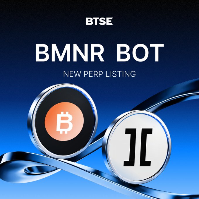A promotional graphic for 'BTSE BMNR BOT NEW PERP LISTING' featuring Bitcoin and a logo with two interlocking 'H' or 'Pi' shapes.