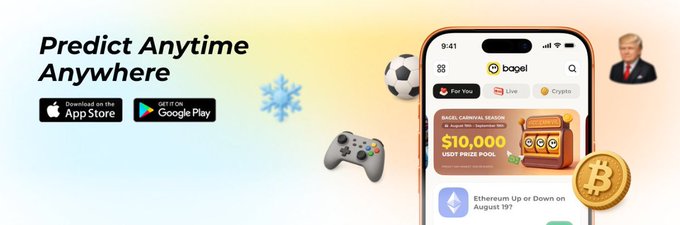 A promotional banner reads “Predict Anytime Anywhere” and shows App Store and Google Play badges, a smartphone sports-betting app with a “$10,000 USDT PRIZE POOL,” and Bitcoin and Ethereum symbols.
