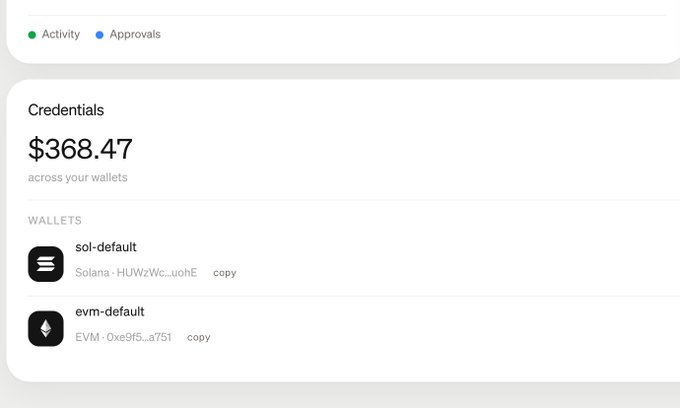 The image shows a crypto wallet dashboard displaying total credentials balance of $368.47 across two wallets: a Solana wallet (sol-default) and an Ethereum wallet (evm-default). This appears to illustrate the modest starting capital someone might have when leveraging early alpha and insider connections to grow their crypto investments, as referenced in the post about getting early heads-up on opportunities through well-connected contacts.