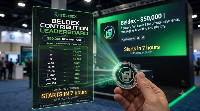 A hand holds a Beldex-branded coin in front of a glowing digital display advertising the "Beldex Contribution Leaderboard" with a $50,000 reward pool, featuring a ranked payout structure that awards $3,000 to top contributors down to $100 for ranks 201-300, alongside a countdown showing the campaign starts in 7 hours at 14:00 UTC on July 29, 2026. The image visually reinforces the post's call to action for the upcoming BeldexCoin privacy-focused contribution event.