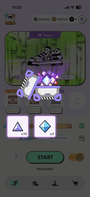 A mobile app screenshot of a move-to-earn game showing a Lv 30 'Jogger' sneaker NFT with in-game currency (6500.45) and token rewards, alongside a START button and reward icons.