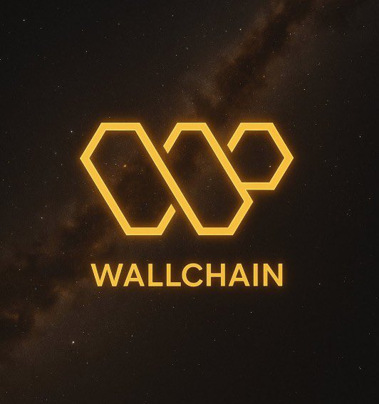 The image features a logo for a company called @wallchain. It consists of a yellow hexagon with a black border, which is the main element of the logo. Below this, there's a white text that reads "Wallchain". The background of the image is dark and filled with stars, giving it an otherworldly feel. In addition to the starry background, there are also some planets visible in the image.