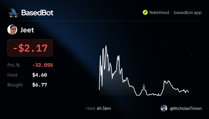 A BasedBot trading interface on Robinhood showing a user named "Jeet" with a PnL of -$2.17 (-32.05%), held 6h 36m, linked to @NicholasTimon.