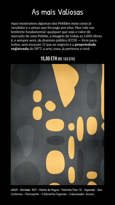 A digital artwork titled "Manto de Magma" featuring abstract yellow and gray pebble-like shapes on a dark background, displayed beneath the heading "As mais Valiosas" (The Most Valuable) with a listed price of 15,00 ETH (R$ 133.575), illustrating a high-value NFT Pebble (#0024, edition 103) while the post emphasizes that despite these sales, the underlying art remains CC0 public domain.