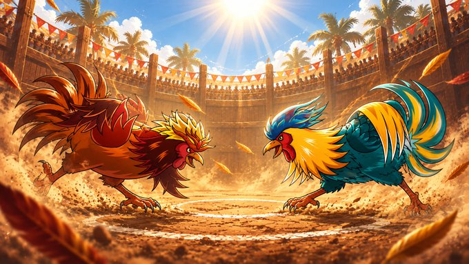 A vibrant illustration depicts two colorful roosters—one red and orange, the other blue and yellow—squaring off in a dirt arena surrounded by cheering crowds and palm trees.