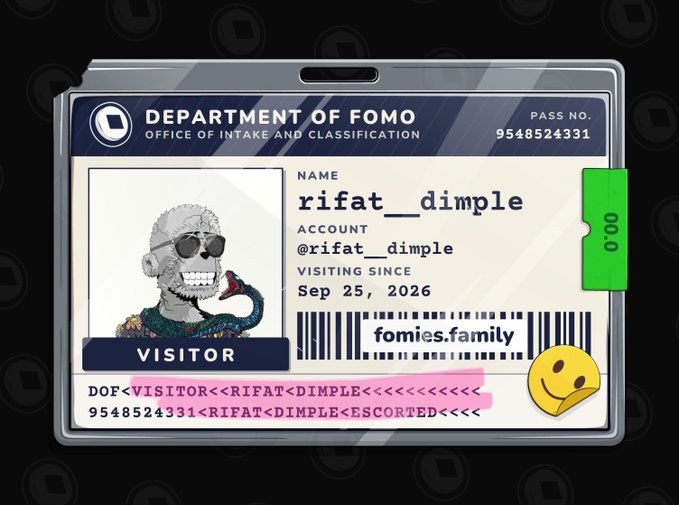 A 'Department of FOMO' visitor pass ID card with pass number 9548524331, name 'rifat__dimple', account '@rifat__dimple', and 'fomies.family' barcode, valid from Sep 25, 2026.
