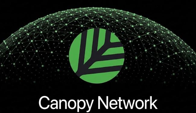 The image displays the Canopy Network logo—a green circular emblem with a stylized tree design—set against a dark background featuring a glowing, interconnected network dome, with "Canopy Network" written below in white text. The visual reinforces the post's message by symbolizing a connected, AI-powered blockchain infrastructure, mirroring the peace that comes from seamless AI and decentralized technology convergence.