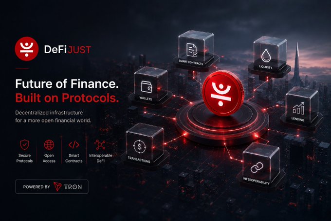 A promotional graphic for 'DeFiJUST — Future of Finance. Built on Protocols', powered by TRON, featuring icons for wallets, smart contracts, liquidity, lending, and interoperability.