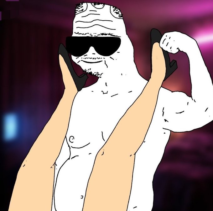 An edited illustration depicting a muscular, shirtless figure wearing sunglasses, being held up by two hands in the foreground with a pink/purple background.